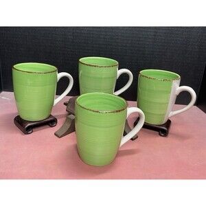 Set Of 4 JR2 Green Brown Rim Ceramic Coffee Tea Hot Chocolate Mugs Vintage